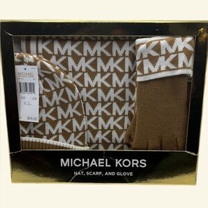 Michael Kors Tan and White Hat, Scarf, and Glove Set NWT